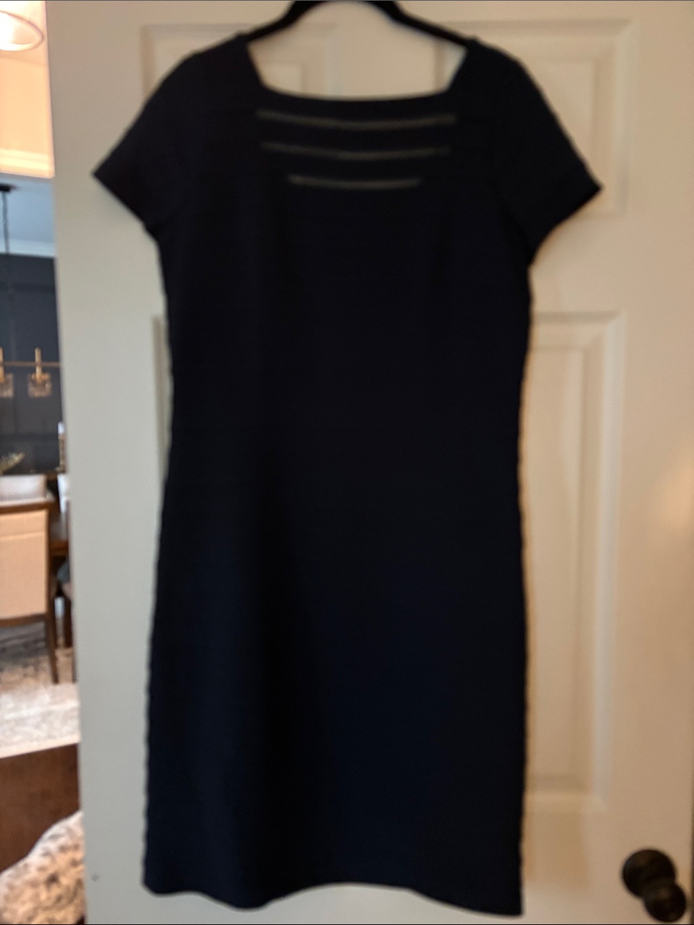 Adrianna Papell Navy Midi Shift Dress with Ladder Neck Detail